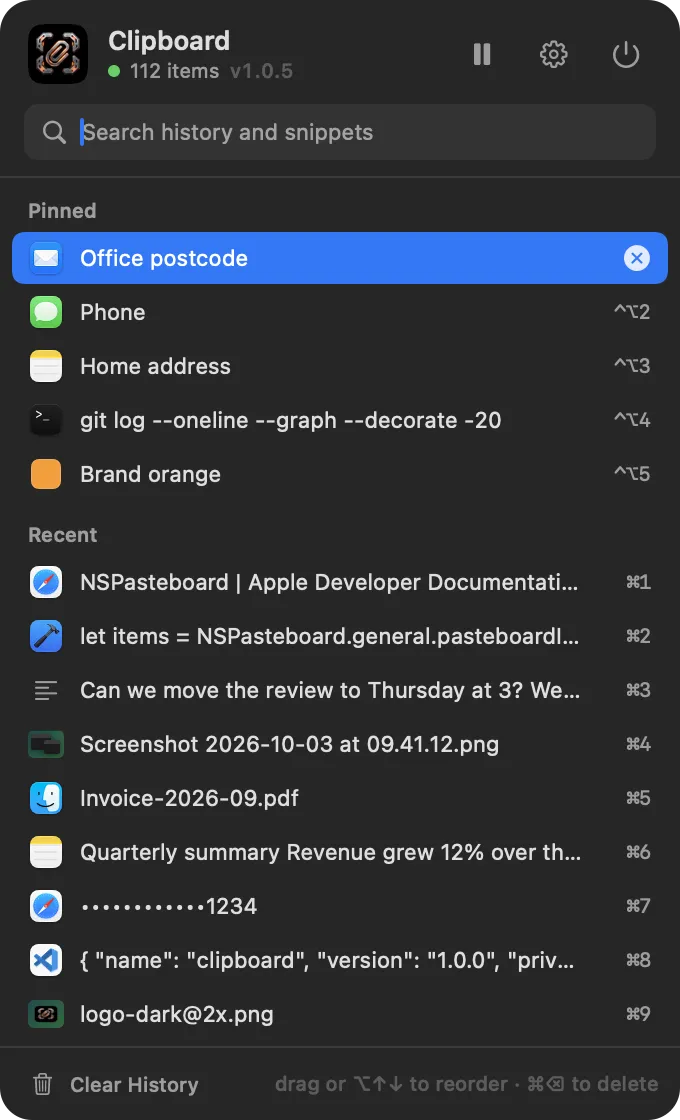 The clipboard menu with pinned clips, the latest copies and the search