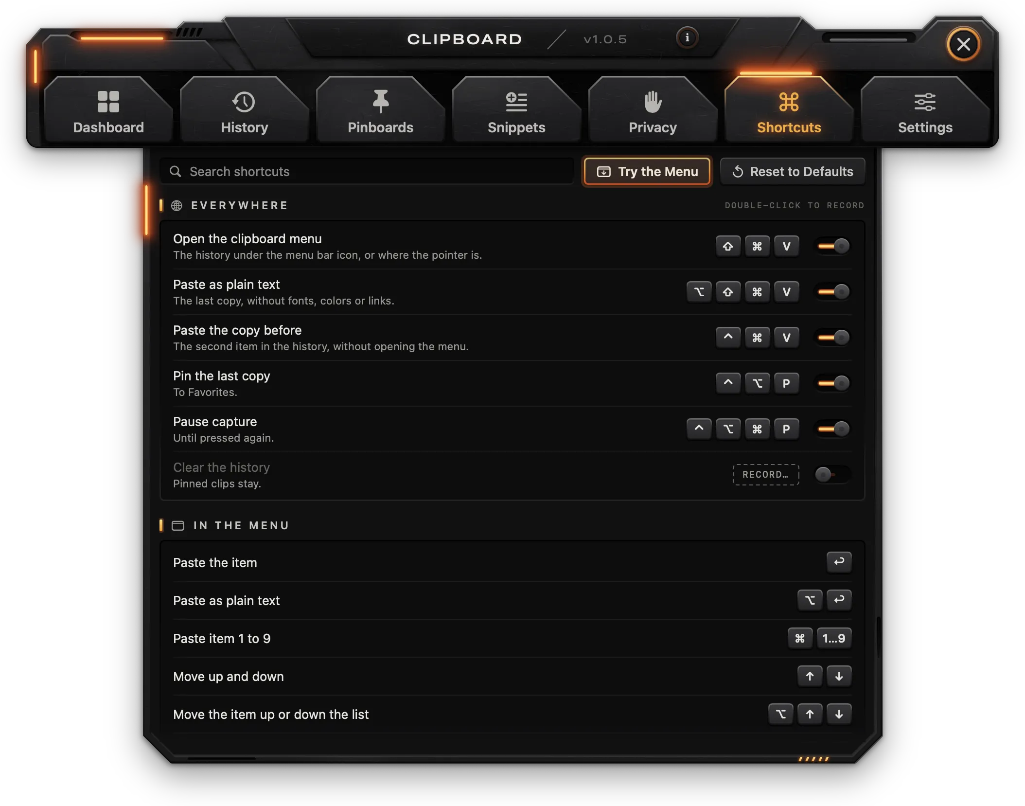 Shortcuts that work everywhere, and the menu's keys