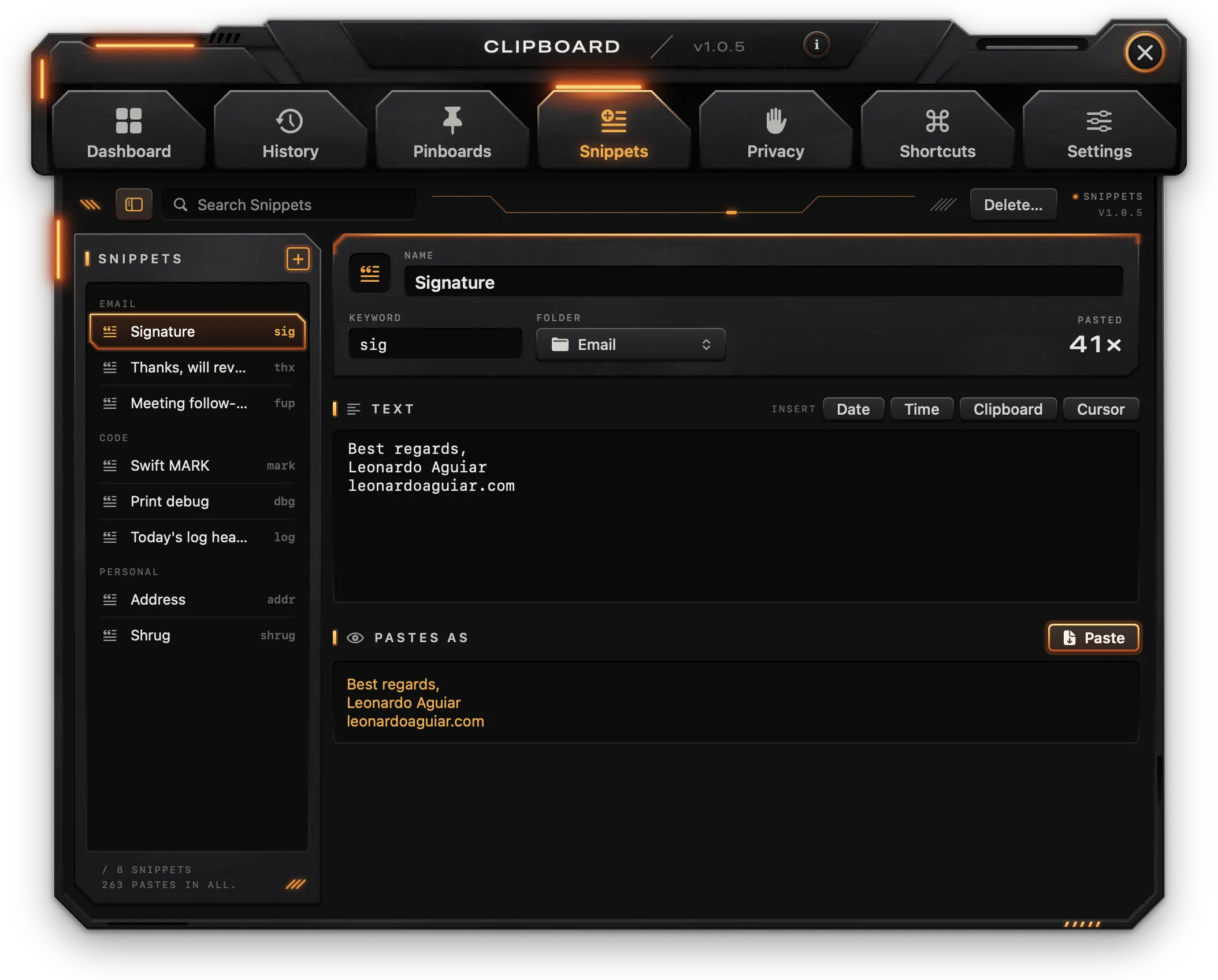 Snippets by folder, with the editor and how it pastes