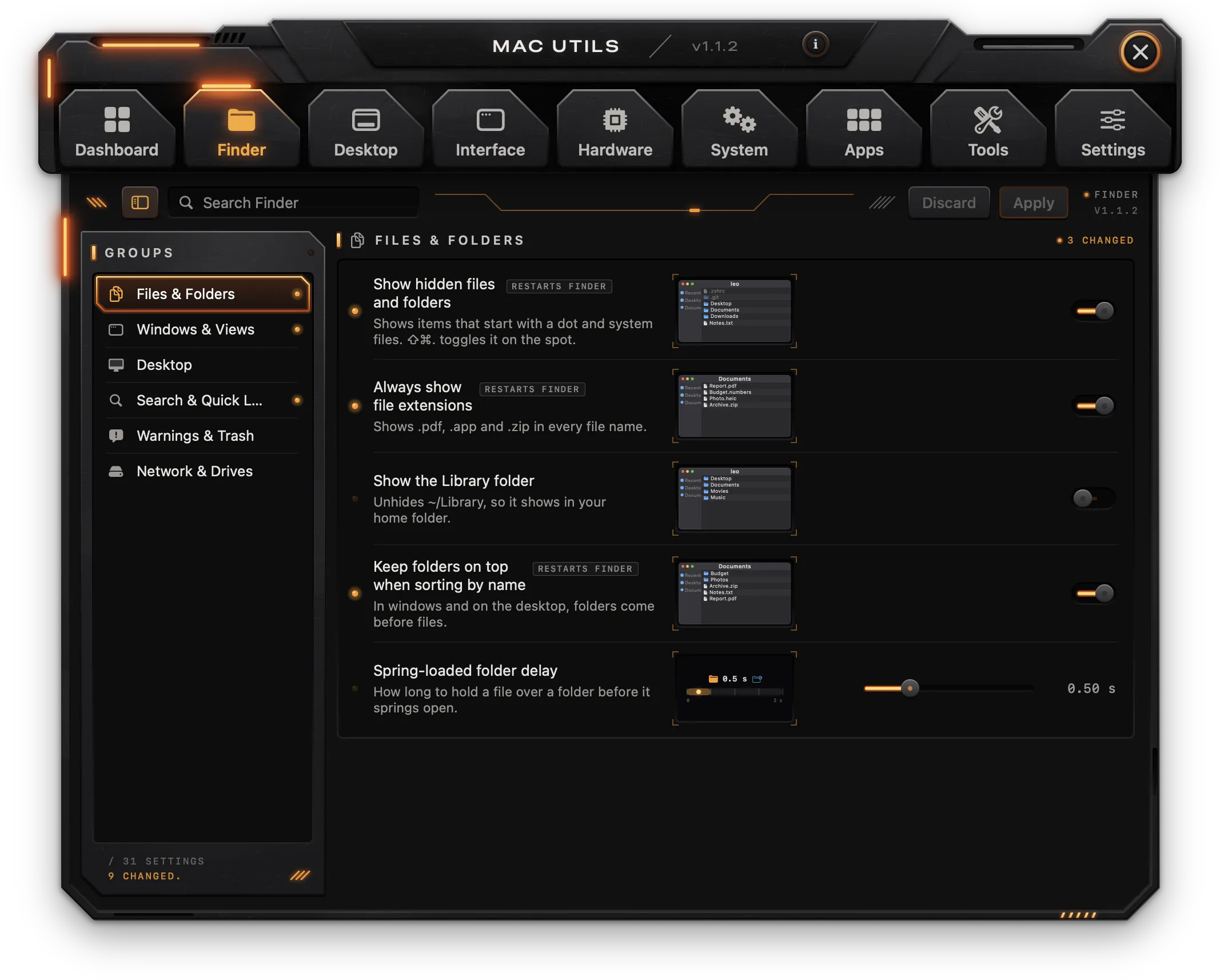 Finder settings with their previews