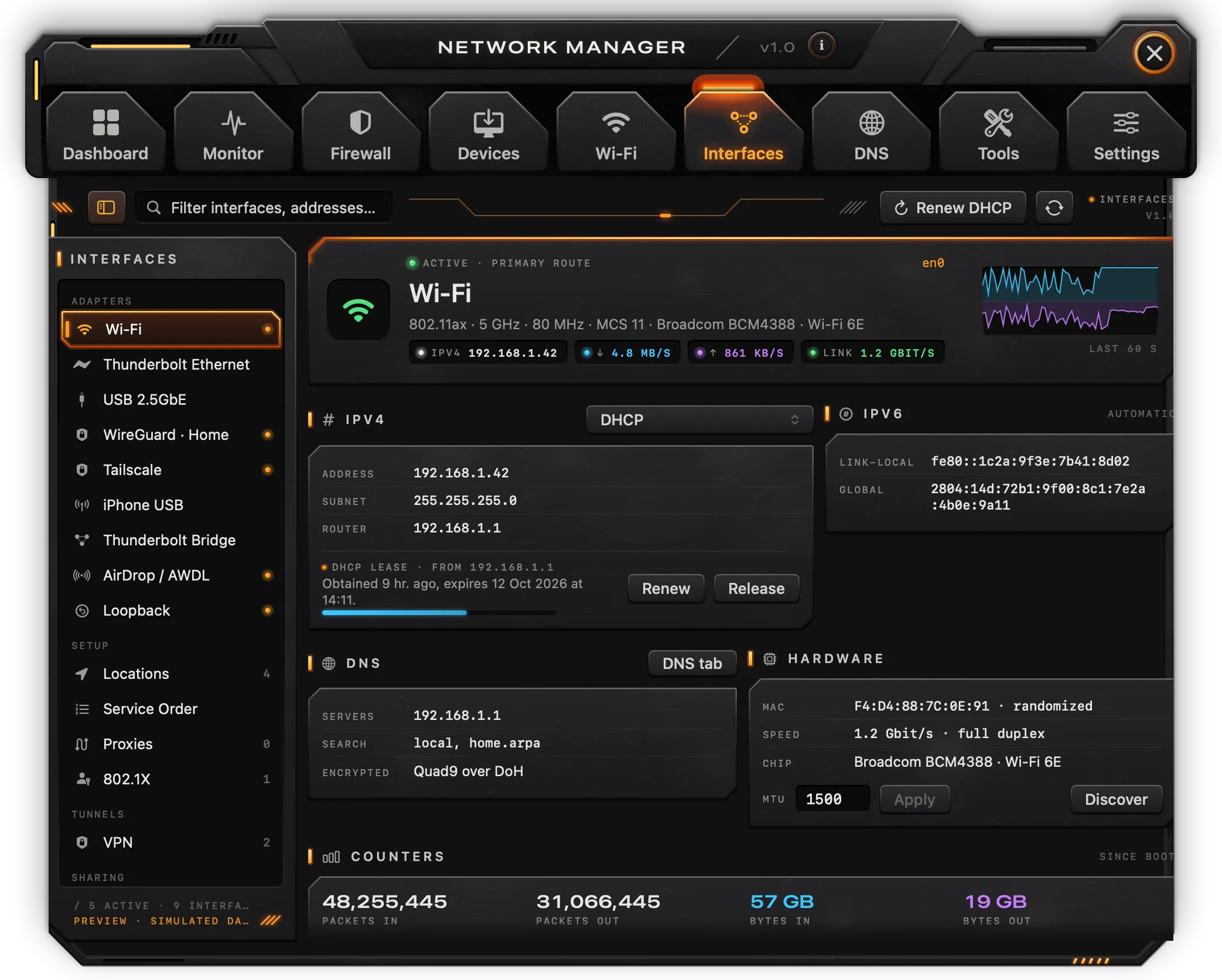 The Wi-Fi interface with its addresses, lease, DNS, hardware and counters