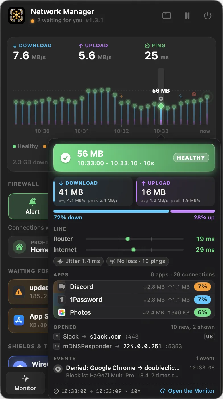 The control panel under the menu bar icon