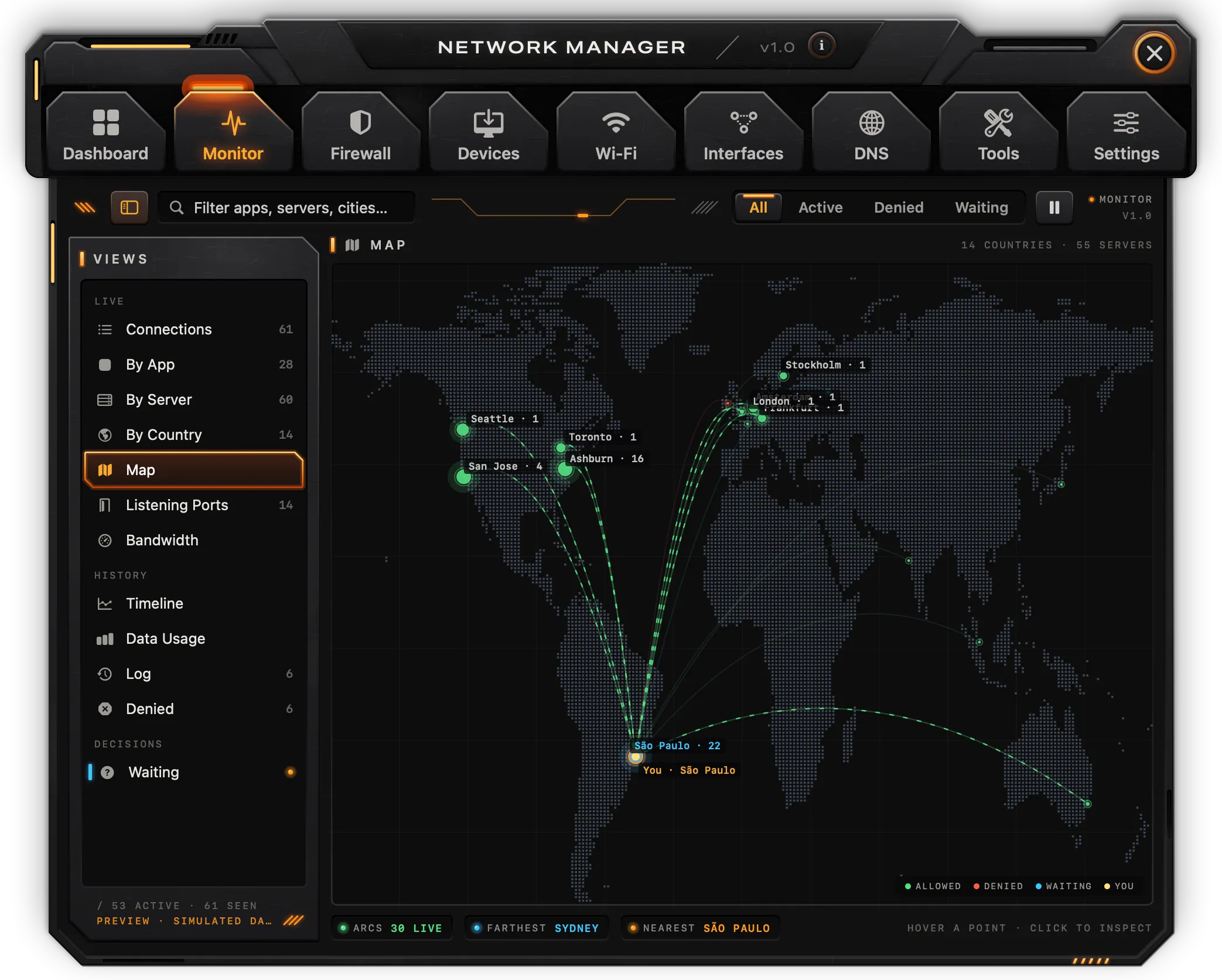 The world map with arcs for live connections