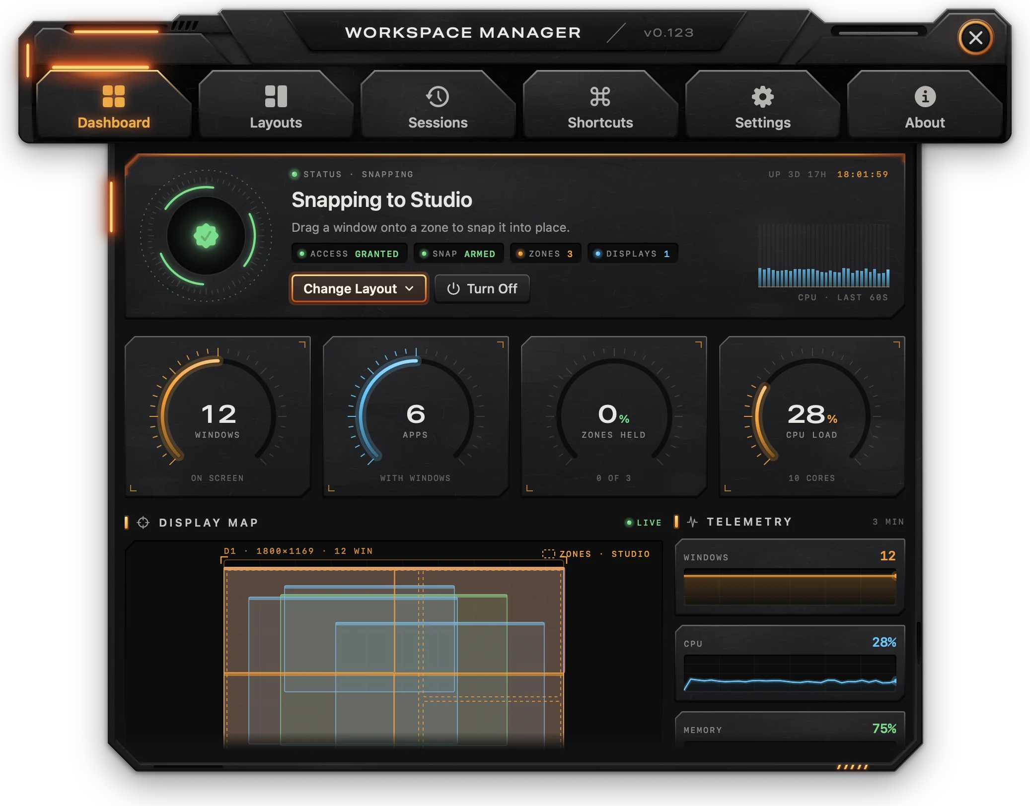 The Dashboard with live instruments and the display map