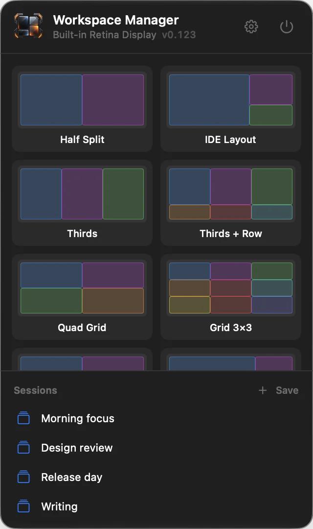 The menu bar panel with templates and sessions