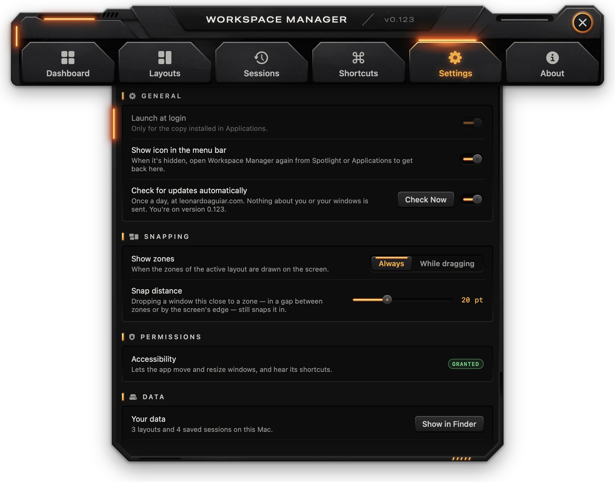 Settings with General, Snapping, Permissions and Data