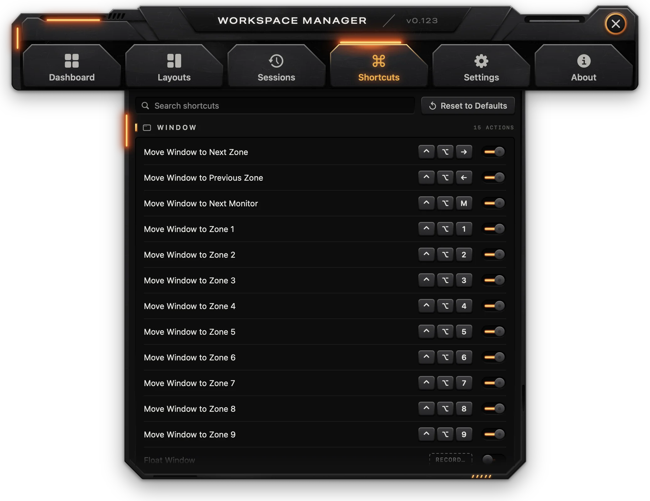 Shortcuts, with the window actions and their keys